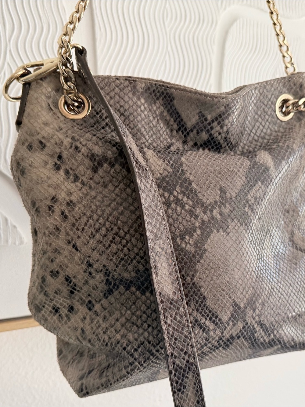 Michael Kors Taupe Python-Print Shoulder Bag with Gold Chain